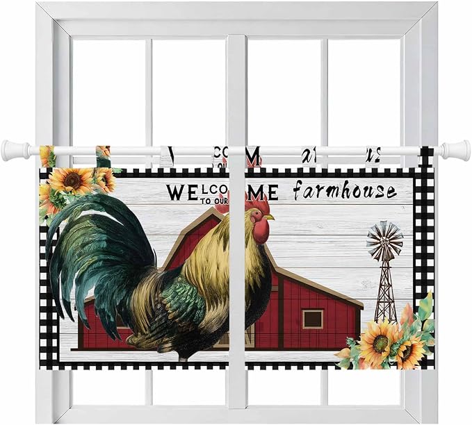 Farmhouse Rooster Kitchen Curtains 24 Inch Length, Small Window Curtains Tab Top by Unknown