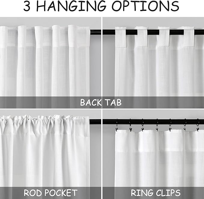 Nanspring White Linen Curtains 84 Inch Length 2 Panels Set for Living Room Back Tab Light Filtering Semi Sheer Curtain for Bedroom Farmhouse Drapes, 60x84 Inch, 2 Panels
