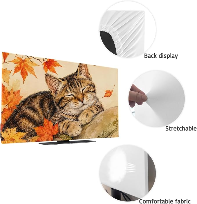 Thanksgiving Cute Tabby Cat Indoor TV Cover, Elastic TV Screen Protector Retro - Image 7