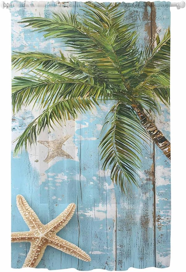 Sheer Curtains 96 Inches Long, Coastal Beach Blue Semi Sheer Curtains Light by Unknown