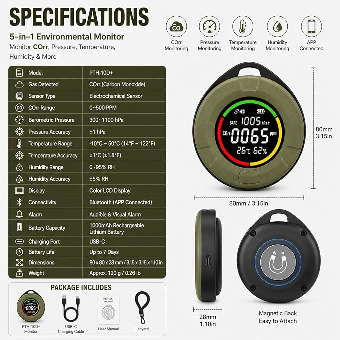 Portable Gas Detector with Barometric Pressure Monitor, Air Quality Detector - Image 8