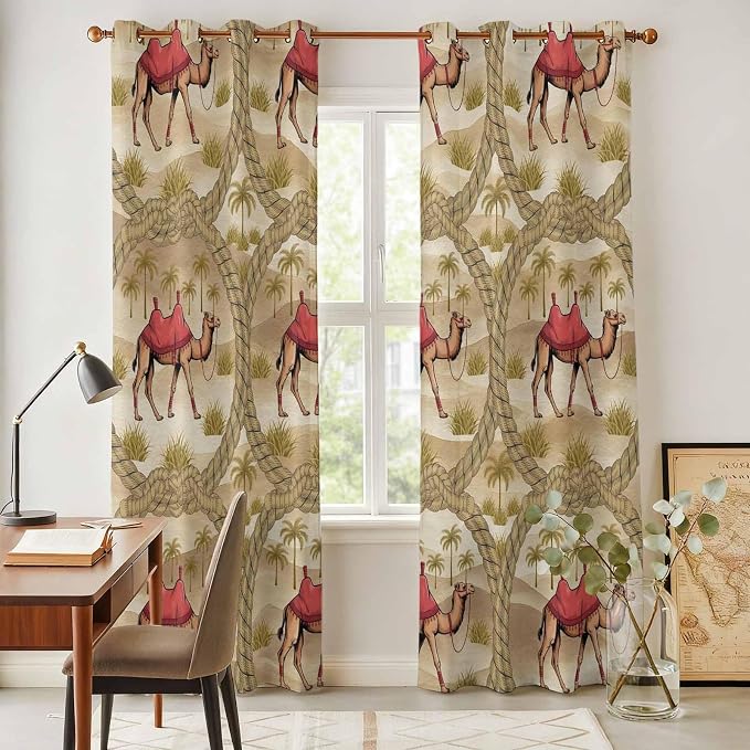 2 Panel Kitchen Cafe Curtains, Desert Camels Sunlight Filtering Nature Air - Image 4