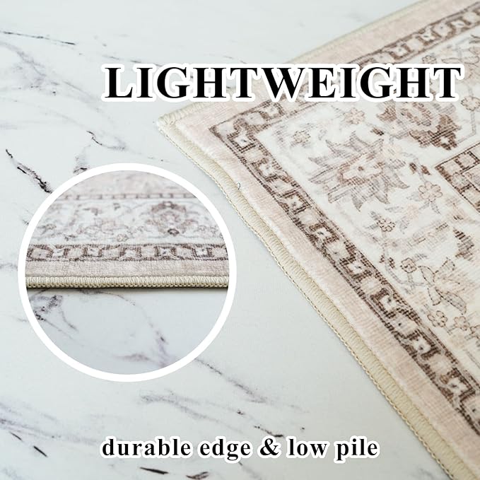 Washable 8ft Round Area Rug - Living Room Oriental Non Slip Soft Rugs Indoor Low Pile Stain Resistant Carpet for Bedroom Dining Room Farmhouse Distressed Thin Home Decor Floor Mat(8Round,Beige)