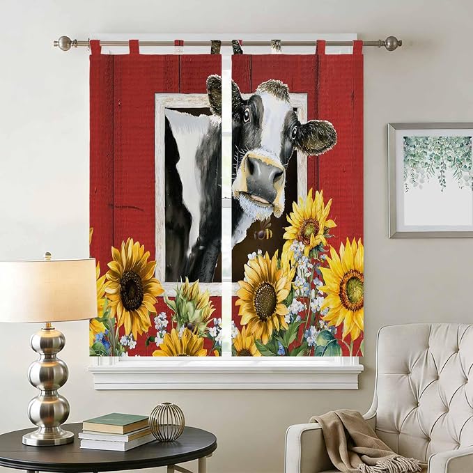 Cows Sunflowers Living Room Curtains 84 Inch Length, Window Curtains Tab Top - Image 2