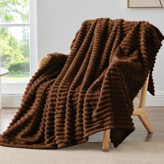 BEDELITE Twin Blanket for Couch & Bed, 300GSM Soft & Warm Fleece Blanket, Decorative and Giftable Striped Chotolate Brown Blankets for Women, Men, 60"x80"