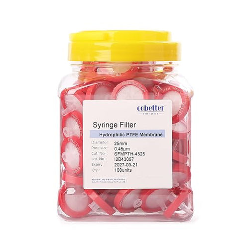 100 Pack Syringe Filter PTFE hydrophilic Lab Filters 0.45μm Pore Size 25mm by COBETTER