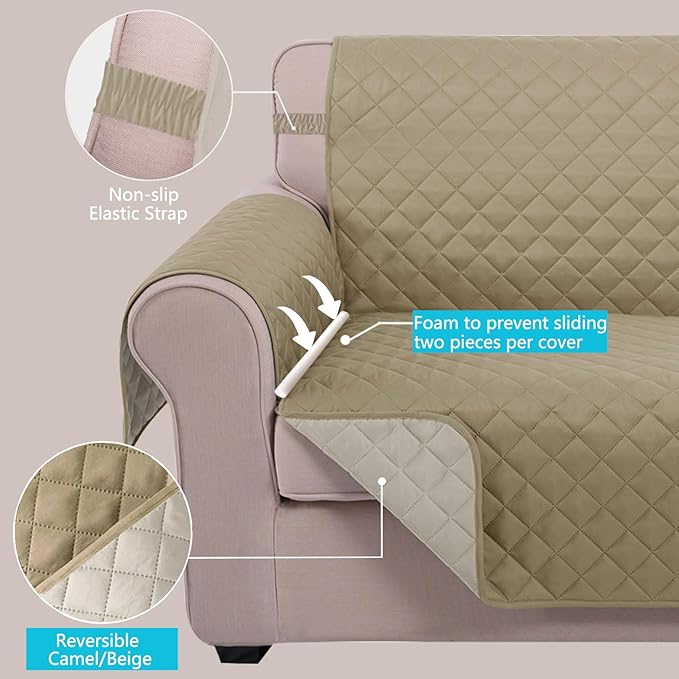 U-NICE HOME 4 Seater Sofa Cover 91 Inch Large Couch Covers for 4 Cushion Couch with Elastic Straps Water Resistant Furniture Protector Cover for Pets Cat (Sofa XX-Large, Light Camel/Beige)