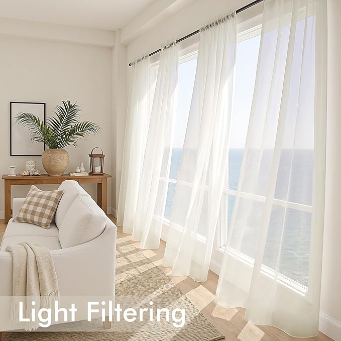 MIULEE Ivory Sheer Curtains 96 Inches Long, 4 Panels Set, Light Filtering Rod Pocket Voile Drapes for Living Room and Bedroom, Airy Soft Fabric Window Treatments, 42 x 96 Inches
