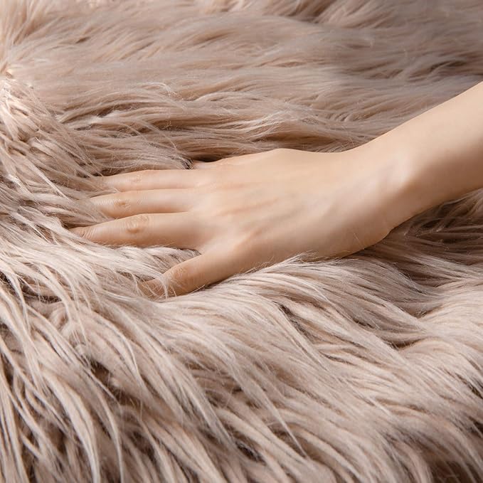 Ashler Faux Fur Rug - Fluffy Shaggy Area Rug, Ultra Soft 3 x 3 Feet Round, Beige Fuzzy Machine Washable Shag, Nursery Decor Throw for Bedroom, Kids Room, Living Room
