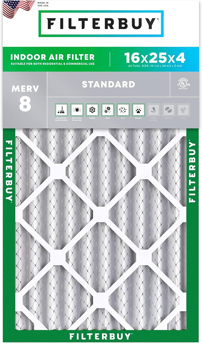 Filterbuy 16x25x4 Air Filter MERV 8 Essential Dust & Allergy Defense, by Filterbuy