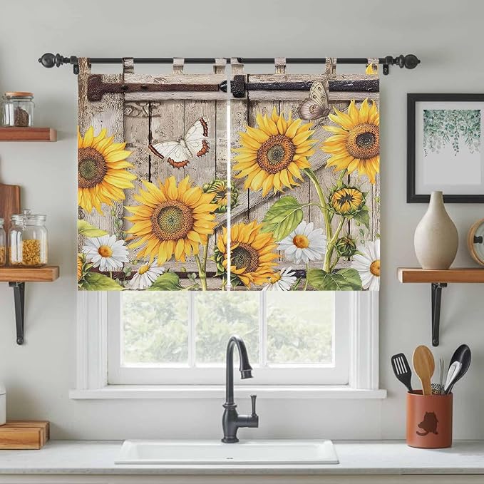 Farmhouse Sunflowers Kitchen Curtains 45 Inch Length, Short Cafe Window - Image 3