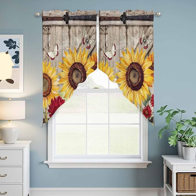 Sunflowers Swag Valances for Windows, Retro Flower Barn Doors Butterfly - Image 6
