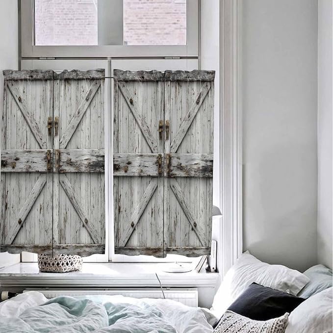 Vintage Gate Tier Curtains 45 Inches Long, Farmhouse Wooden Grain Shabby Chic - Image 5