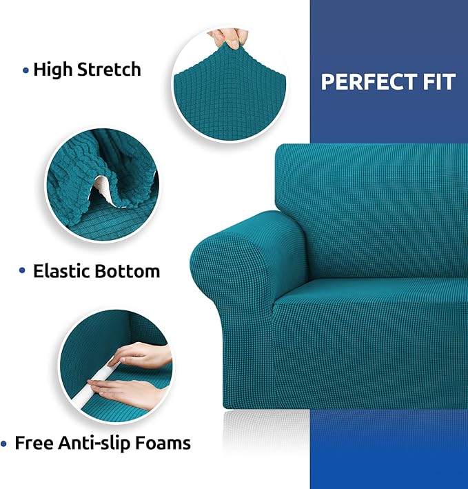 KEKUOU Stretch Oversized Sofa Slipcover 1 Piece Couch Sofa Cover (94"-110") Furniture Protector 4 Seater Sofa with Elastic Bottom for Kids,Pet.Jacquard Checked Pattern Fabric(X Large,Peacock Blue)