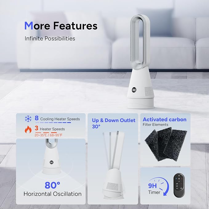 Bladeless Heater Fan, 25inch Heating & Cooling & Filter Combo Tower Fan 80° - Image 5