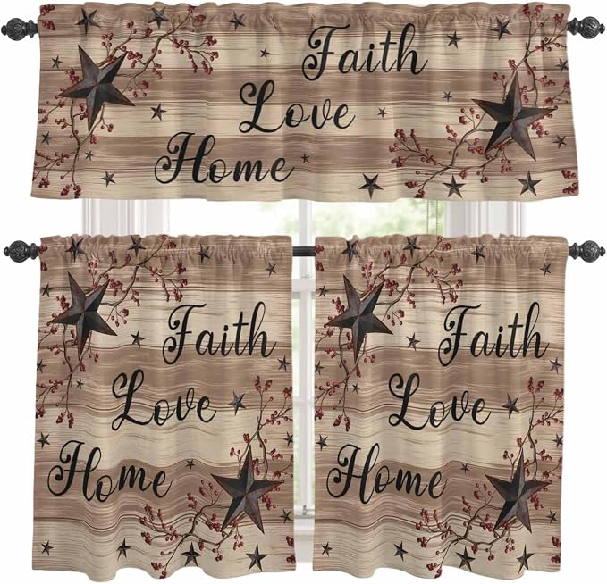 Kitchen Curtains Tiers and Valance Set of 3, Farmhouse Star Brown Light by Anzona