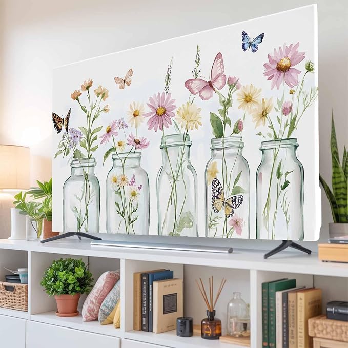 Watercolor Spring Flowers in Vase Indoor TV Cover, Elastic TV Screen Protector - Image 6