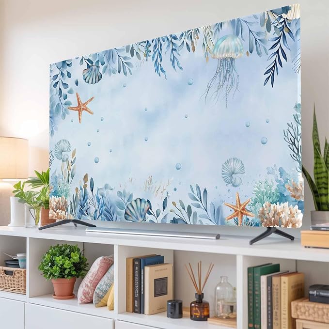 Ocean Seaweed Leaves Shell Indoor TV Cover, Elastic TV Screen Protector Blue - Image 6