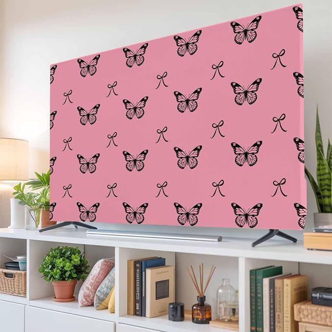 Black Butterflies Bow on Pink Indoor TV Cover, Elastic TV Screen Protector - Image 6