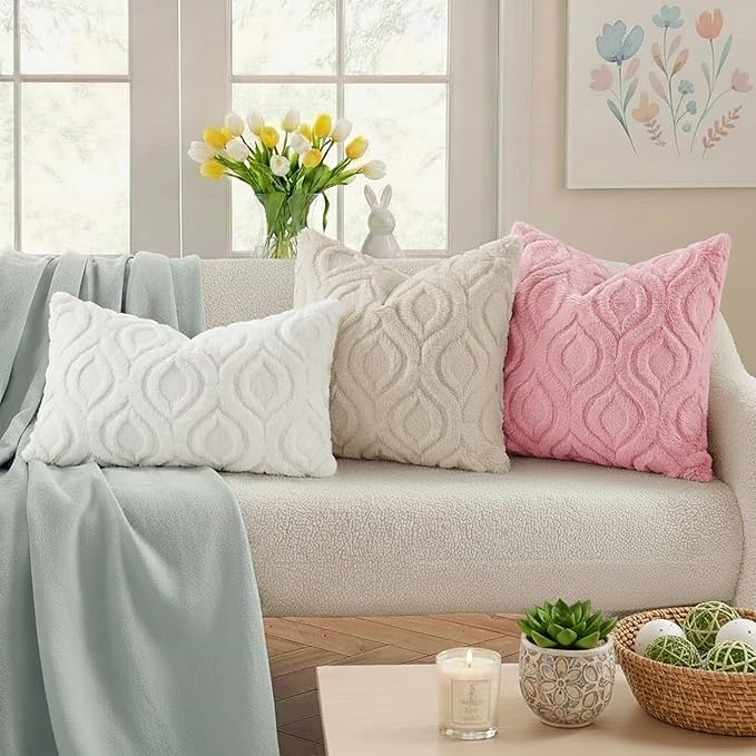 decorUhome Throw Pillow Covers 22x22 Inch Set of 2, Soft Plush Faux Wool Beige Solid Couch Pillow Covers, Accent Euro Sham Farmhouse Neutral Square Pillow Cases for Sofa Bed Living Room