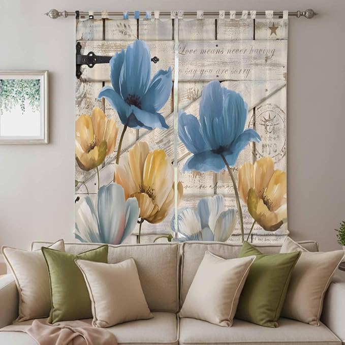 Blue Yellow Tulips Living Room Curtains 84 Inch Length, Window Curtains Tab Top - Image 3