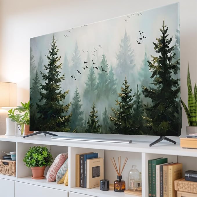 Misty Forest Green Indoor TV Cover, Elastic TV Screen Protector Bird Jungle - Image 6