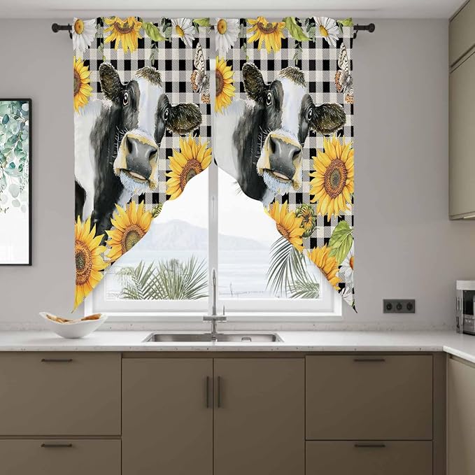 Retro Sunflowers Swag Valances for Windows, Farmhouse Floral Cow Butterfly - Image 8