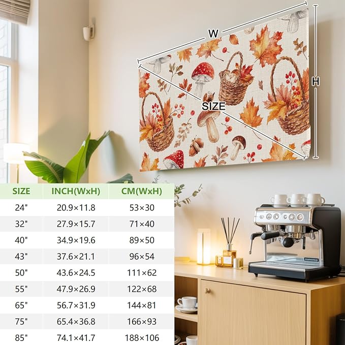 Watercolor Maple Leaves Mushroom Indoor TV Cover, Elastic TV Screen Protector - Image 3