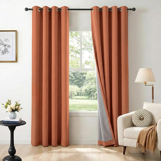 100% Blackout Shield Linen Blackout Curtains for Bedroom, Orange Grommet Curtains for Living Room, Thermal Insulated Room Darkening Drapes for Nursery, Boho Home Decor, 50" W x 96" L, 2 Panels