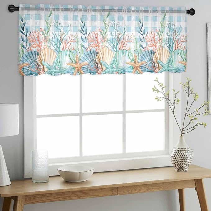 Summer Beach Sheer Valance Curtains, Ocean Colorful Coral Shell Seaweed - Image 3
