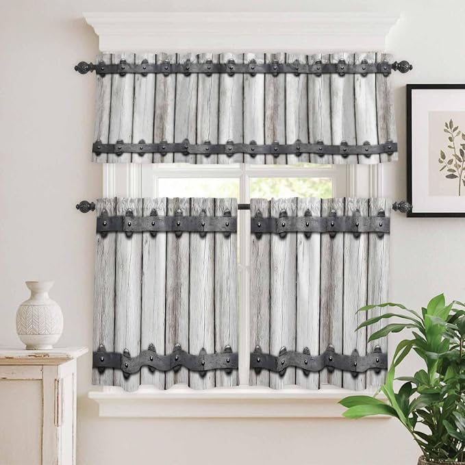 Farmhouse Rustic Kitchen Curtain Set, Vintage Country Wooden Grain Window - Image 2