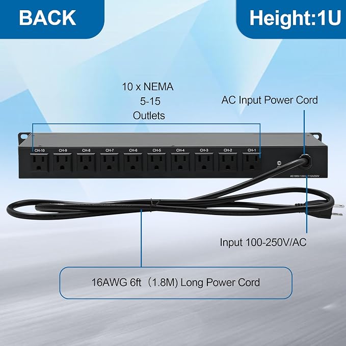 10 Outlets Horizontal 1U PDU Rackmount Power Strip - Image 3