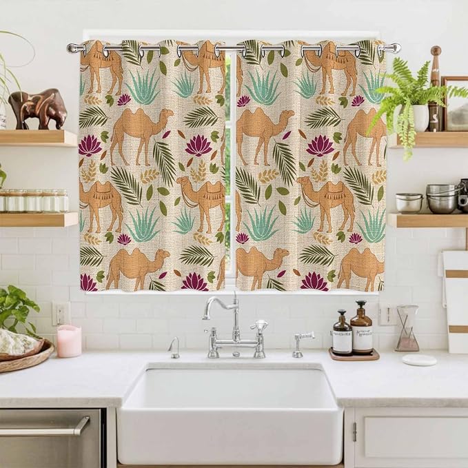2 Panel Kitchen Cafe Curtains, Desert Camels Sunlight Filtering Nature Air - Image 2