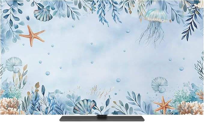 Ocean Seaweed Leaves Shell Indoor TV Cover, Elastic TV Screen Protector Blue by Unknown