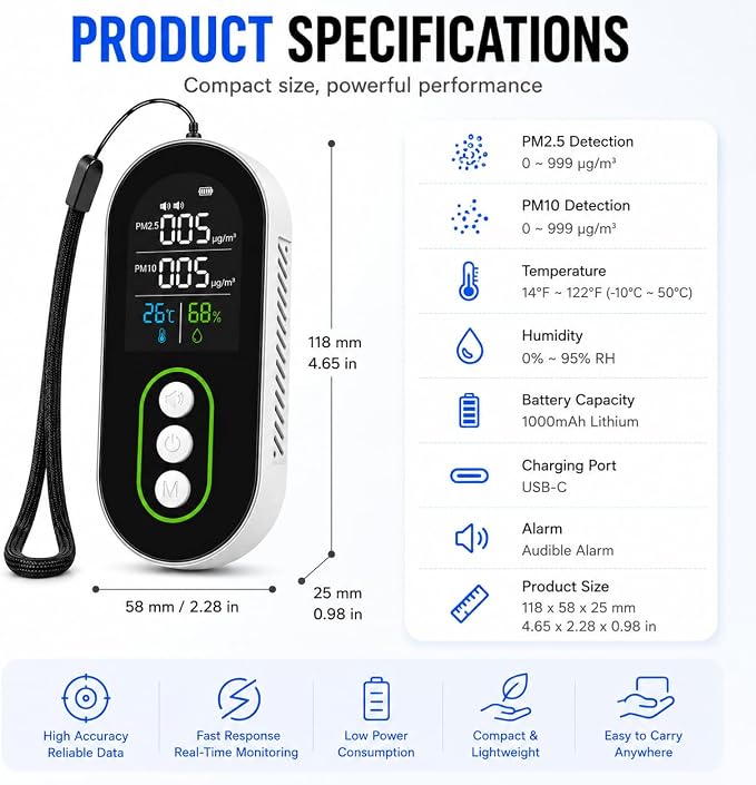 Portable PM2.5 PM10 Air Quality Monitor, Indoor Air Quality Detector - Image 9
