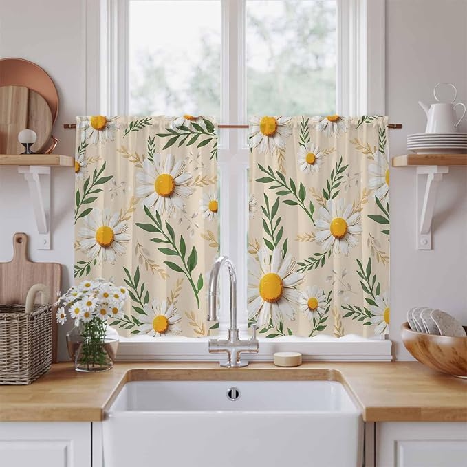Spring Daisy Kitchen Curtains, Country Watercolor Flower Leaf Plant Light - Image 2