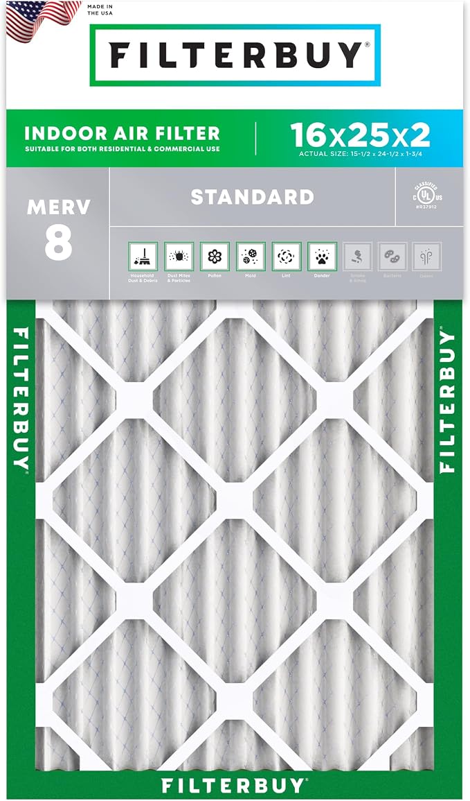 Filterbuy 16x25x2 Air Filter MERV 8 Essential Dust & Allergy Defense, by Filterbuy