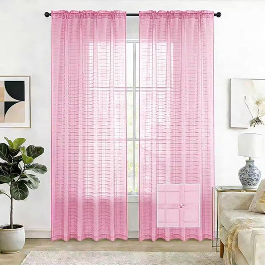 SpaceDresser Check Sheer Curtains 45 Inches 2 Panels Set, Rod Pocket Plaid Window Curtain for Living Room, Pink Semi Sheer Drapes for Kitchen Bedroom Children Room Yard（Pink, 52W x 45L）