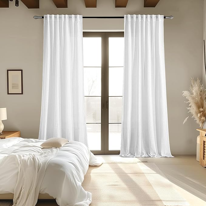 MIULEE White Linen Curtains 120 Inches Long 2 Panels for Bedroom Living Room, Soft Thick Linen Textured Back Tab Window Drapes Semi Sheer Light Filtering Rod Pocket Modern Farmhouse Decor
