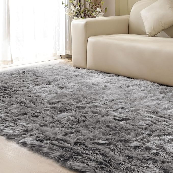 ORINOVA Large Area Rugs 9x12 Living Room Grey Fluffy Rug Faux Sheepskin Washable Fuzzy Fur Rugs for Bedroom Rectangle Nursery Rug