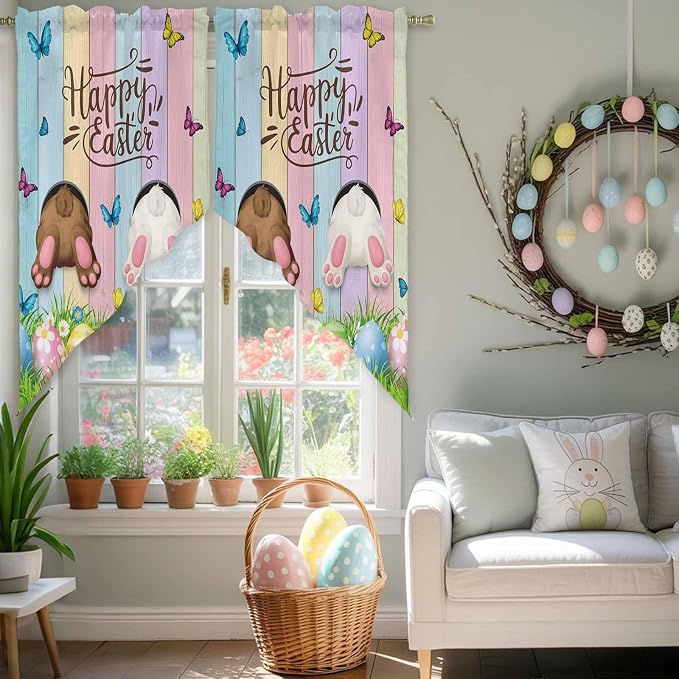 Swag Curtain Valances for Kitchen Windows, Happy Easter Rabbit Butt Egg on - Image 5