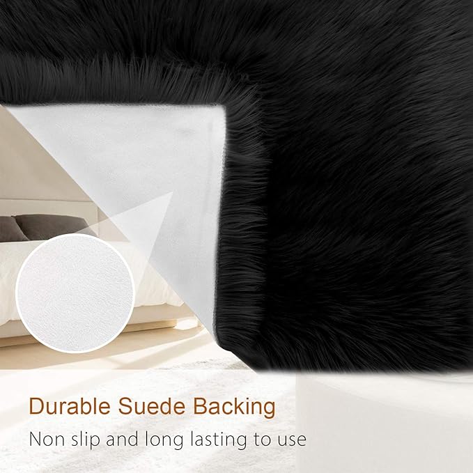 LOCHAS Soft Fluffy Faux Fur Rugs for Bedroom Bedside Rug 2x4 Feet, Washable, Furry Sheepskin Area Rug for Living Room Girls Room, Luxury Shag Carpet Home Decor, Black