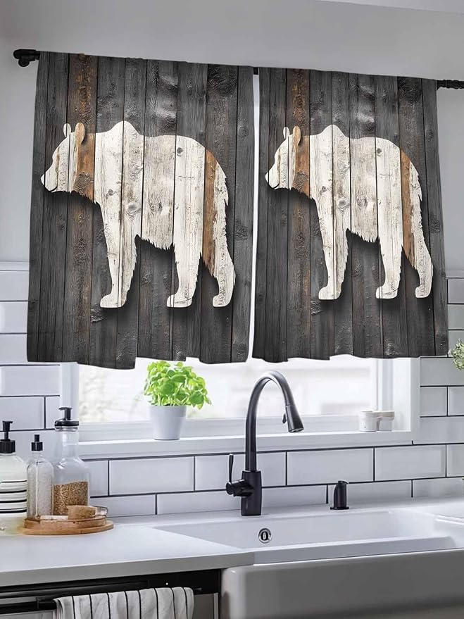 Sheer Curtains 54 Inch Length, Vintage White Brown Bear Semi Sheer Curtains - Image 5