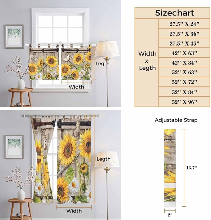 Farmhouse Sunflowers Kitchen Curtains 36 Inch Length, Small Window Curtains Tab - Image 8