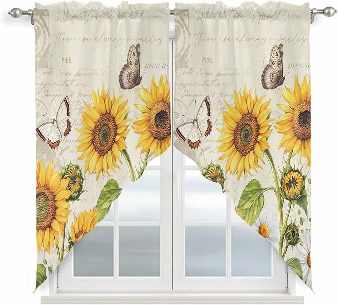 Farm Sunflowers Swag Valances for Windows, Retro Flowers Butterfly Botanical by Unknown