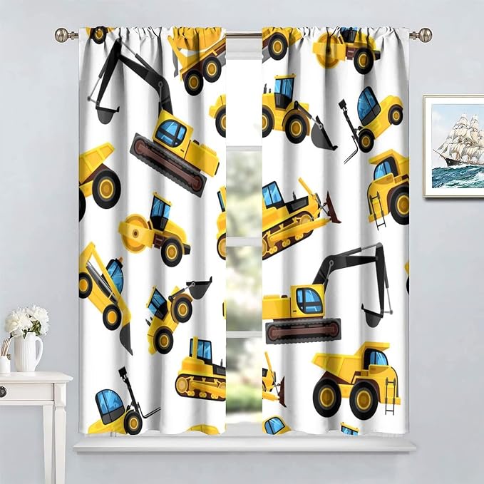 Kids Construction Equipment Window Curtains, Excavator Tractor Tow Truck Rod - Image 2