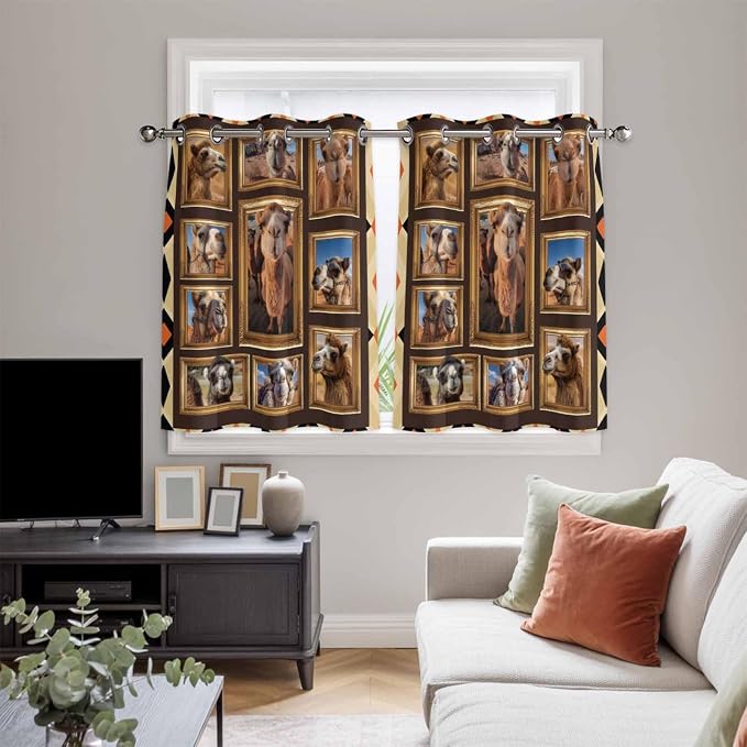 2 Panel Kitchen Cafe Curtains, Wildlife Camels Sunlight Filtering Nature Air - Image 5