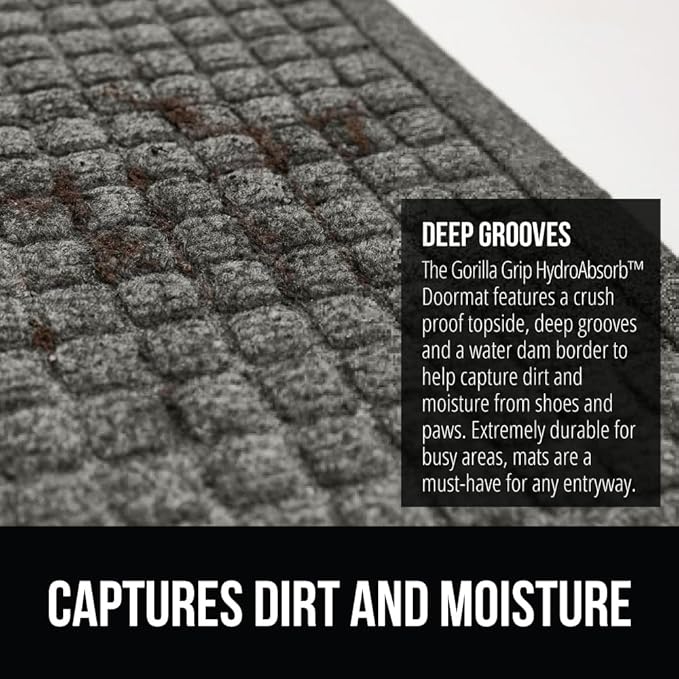 GORILLA GRIP® Ultra Absorbent Front Door Mat Outside Entrance, 35x23, Traps Dirt and Moisture, HydroABSORB Indoor Outdoor Doormat Holds Up to 5.7 Cups Water, Stain and Fade Resistant Welcome Mat, Grey