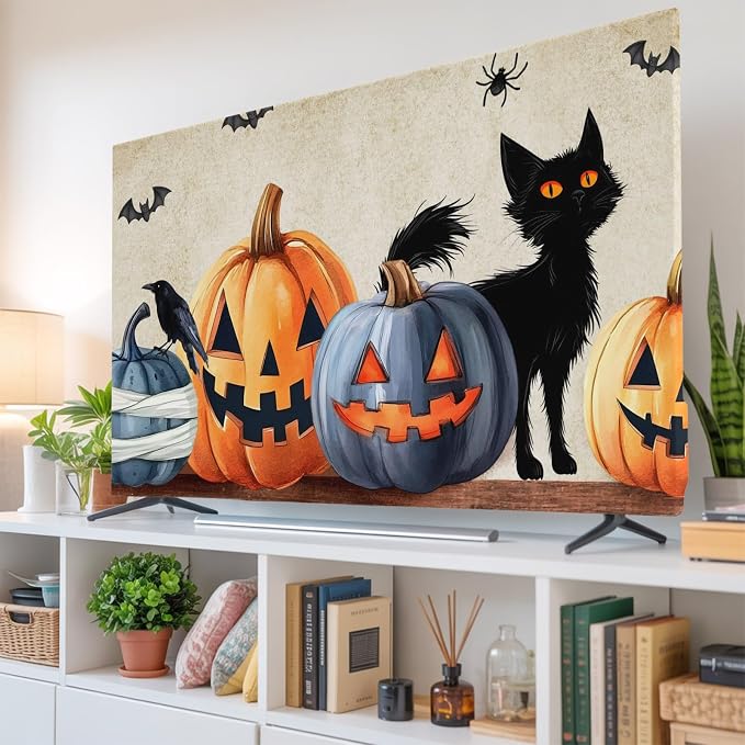 Halloween Pumpkin Ghost Black Cat Indoor TV Cover, Elastic TV Screen Protector - Image 6