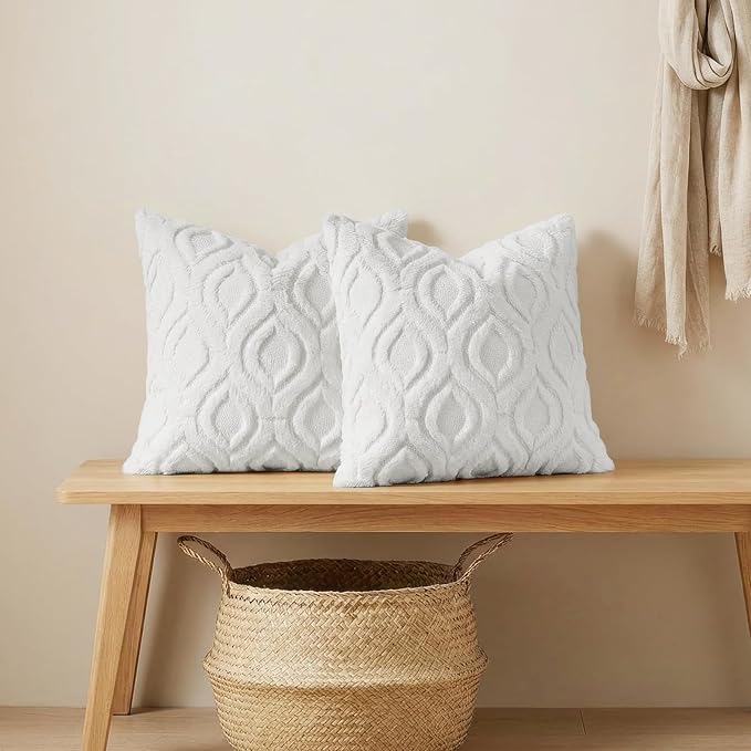 decorUhome Throw Pillow Covers 12x20 Inch Set of 2, Soft Plush Faux Wool White Solid Couch Pillow Covers, Accent Farmhouse Neutral Rectangle Pillow Cases for Sofa Bed Living Room